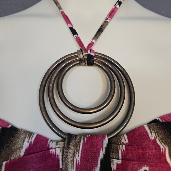 Y2K Mini Halter Dress Size L McBling Boho Groovy Ikat Print Purple Brown 2000s - Picture 2 of 10